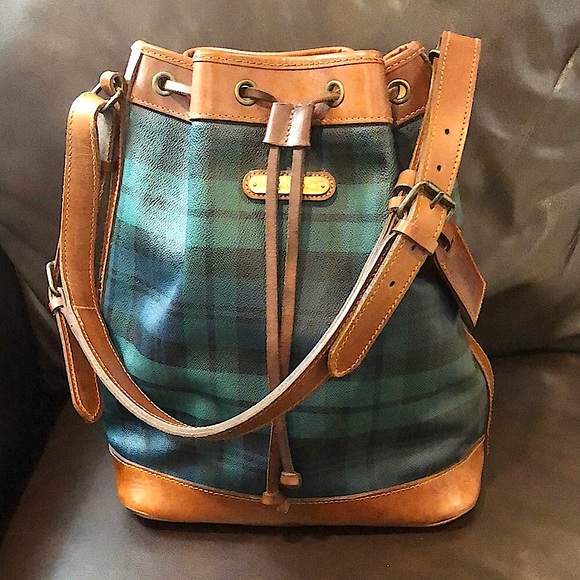 RALPH LAUREN Black Watch Plaid LRG Leather Canvas Drawstring Bucket Shoulder Bag - Picture 17 of 17